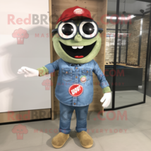 Olive Pizza mascot costume character dressed with a Denim Shirt and Eyeglasses - $1,229.00