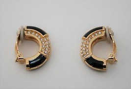 Swarovski Swan Gold Tone Black Enamel Clear Crystal Clip Earrings J48 - £39.09 GBP
