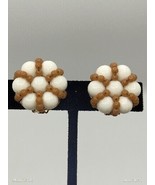 Vintage Signed HOBE White And Tan Milk Glass Flower Beaded Clip On Earrings - £23.22 GBP