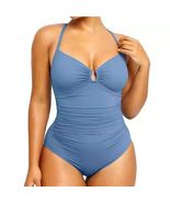 Women's Ruched One-Piece Swimsuit, Blue Color Swimwear, V-Neck with Adjustable S - $34.84