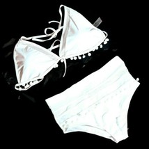 White XL High Waist Halter Retro Pom Pom Mesh Hollow Out String Swimsuit  - $16.44