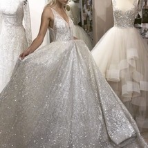Sparkly V Neck Wedding Dress Bridal Gown - £211.10 GBP
