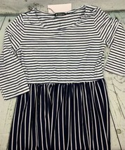 Womens Contrast Stripes 3/4 Sleeves Flared Midi Dress L Black White - $28.26