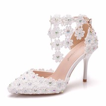 Wedding Shoes Female White Drill Rhinestone Ankle Strap Sandals Stiletto Pointed - £59.07 GBP
