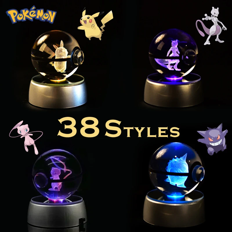 Pokemon 3D Crystal Ball Pikachu Gengar Mew Mewtwo Figurines Lamp Base Pokeball - £17.05 GBP