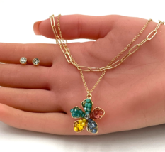 Double Layered Chain Multi Color Flower Pendant Necklace and Earrings Set Gold - £11.32 GBP