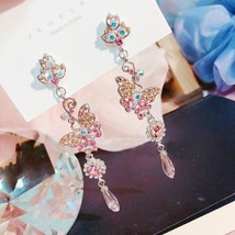 MENGJIQIAO Fashion Korean Rhinestone Butterfly Long Crystal Drop Earrings For Wo - £7.48 GBP