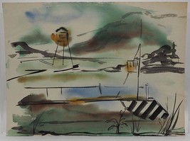 Vintage Watercolor Painting Ink Drawing on Paper Water Tower circa 1960 - £97.41 GBP