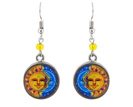 Round New Age Spiritual Sun and Moon Graphic Metal Dangle Earrings - Womens Fash - £13.79 GBP