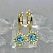 2Ct Rond Simulé Topaze Bleu Halo Goutte / Pendantes Oreilles 14k or Jaune Plaqué - £45.04 GBP