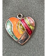 Estate Colorful Faux Stained Glass Enamel Silvertone HEART Shape Pendant –  - $7.69