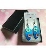Earrings, Blue oval-shaped, Hand-painted Flowers, Rhinestones silver-pla... - $300.01 MXN