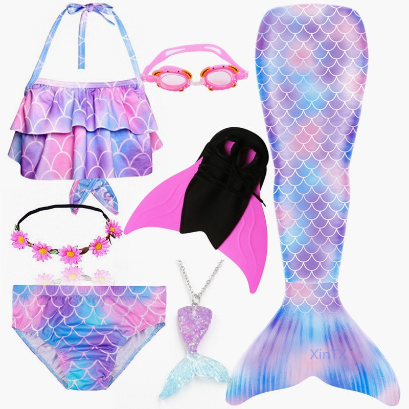 2019 HOT 7PCS/Set Girl Swimmable Mermaid Tail Swimsuit With Monofin Girl Costume