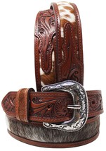 Men Women Western 1-1/2&quot; Wide Floral Tooled Full-Grain Hairon Leather Belt - £46.40 GBP