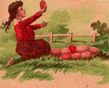 Vtg Postcard 1909 A Happy Easter GIrls In Red w Red Easter Eggs Pull Toy... - $3.91