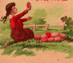 Vtg Postcard 1909 A Happy Easter GIrls In Red w Red Easter Eggs Pull Toy Lamb - £3.06 GBP