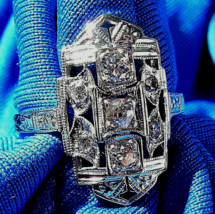 Earth mined Diamond Deco Statement Engagement Ring Vintage Style 14k White Gold - $2,571.04 CAD