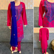 Pakistani Hot Pink Straight Shirt 3-PC Lawn Suit w/ Threadwork,Medium - £66.19 GBP
