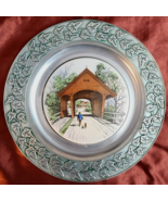 Rare Ceramic Tile of Covered Wooden Bridge in 11&quot; Wilton Pewter Frame Tr... - $22.85