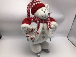 Plush Christmas Bear Skiing Ski Poles Knit Hat Scarf Sled Holiday 13&quot; Xmas  - £18.12 GBP