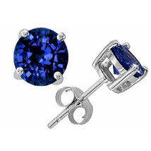 3.00 Ct 7mm 14K Solid White Gold Blue Sapphire Round Shape Stud Earrings Push - £56.33 GBP