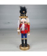 Wood Nutcracker Solider 7&quot; Red Flocked w/ Sword &amp; Chain on Hat w Feather... - $19.39