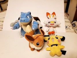 Lot of 4 Pokemon Plush Toys Blastoise Scorbunny Eevee PIchu VGUC - £29.32 GBP