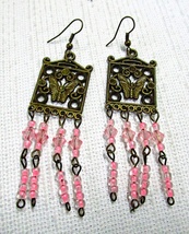 Pink Glass Bead Earrings &amp; Antique Copper Colored Elements 2 1/2&quot; Long - £3.98 GBP