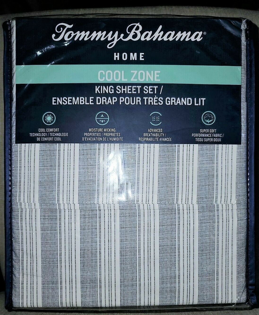 NIP TOMMY BAHAMA Cool Zone King Sheet Set Blue White Maldive Stripe 100% Cotton - $118.79