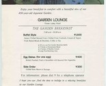  Garden Lounge The New Otani Hotel Tokyo Japan Breakfast Menu  - $17.82