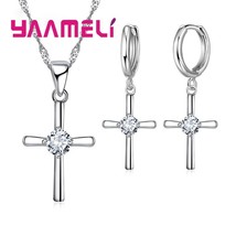 Fine 925 Silver Jewelry Sets Cross Clear Cubic Zircon Paved Charms Necklace Hoop - £16.78 GBP