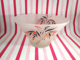 Mid Century Frosted Satin Glass Large Serving Bowl w/ Hand Painted Tiki Bamboo - £30.25 GBP