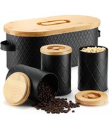 Bread Box + 3 Canisters, Bamboo Lid, Black Metal Kitchen Set - $848.67 MXN