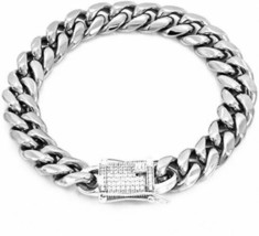 Silver Plated over Stainless Steel Cuban Link Bracelet CZ Iced Clasp 14mm 8.5&quot; - £15.81 GBP