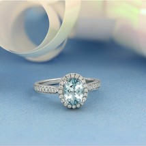2Ct Oval Cut Simulated Aquamarine CZ Halo Engagement Ring 925 Sterling Silver - £57.93 GBP