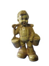 Vintage Faux Wood Boy Figurine Large Feet Carrying  Buckets 6&quot;T Hong Kong - £11.10 GBP