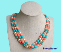 Multicolor Coral Turquoise Cream Round Ball Bead 3 Strand Necklace Jewelry 19.5&quot; - £6.99 GBP