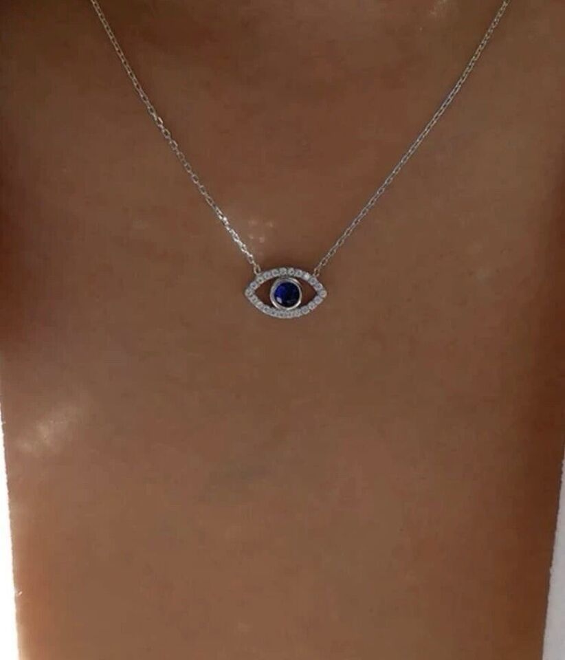 Silver Evil Eye Necklace With Cubic Zirconia And Sapphire Crystal - $12.57