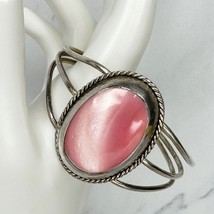 Vintage Mexico Silver Tone Chunky Pink Cabochon Cuff Bracelet - £31.06 GBP