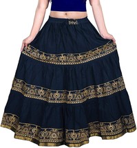 Rajasthani Ethnic Traditional Flared Gold Print Women Navy Blue Skirt Free Size - £19.55 GBP