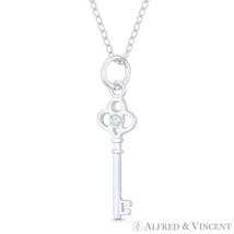 Trefoil Clover Bow Skeleton Key CZ Crystal .925 Sterling Silver Pendant Necklace - £12.61 GBP+