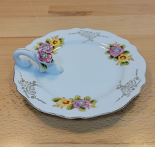Vintage Hand Painted Candy Nut Trinket Dish Japan Flowers Pansy Handle Gold Trim - £13.58 GBP