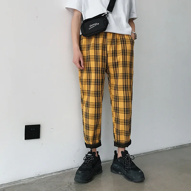 LAPPSTER Japanese Streetwear Yellow Sweatpants 2024 Mens Casual Straight  Plaid  - £101.16 GBP