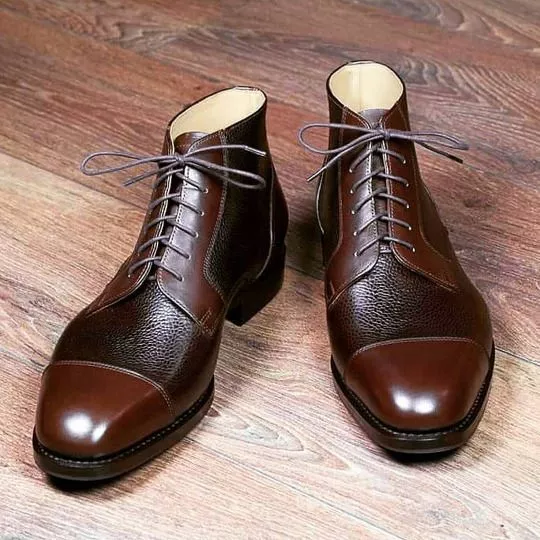 Handmade Men&#39;s Balmoral Two Tone Brown Cowhide Leather Cap Toe Ankle Hig... - $159.99