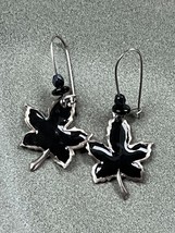 Estate Black Enamel Silvertone Maple Leaf w Bead Accents Dangle Earrings... - $11.29