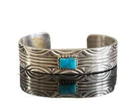 Vintage Navajo Thompson Platero Sterling Silver Bracelet with Turquoise Stone - £310.72 GBP