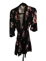 SOMA Womens Kimono Robe COOL NIGHTS Black Pink Floral Rose Print Short S/M - $33.59