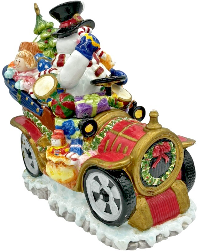 VTG Snowman driving vintage car full of Christmas presents on snow cookie jar Item image 10