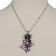 Rhinestone Owl Pendant Necklace Pink Black Silver Tone Antiqued Large Sparkly - £13.48 GBP