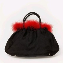 Red Fur Trimmed Black Purse Handbag Party Evening Holiday 14x10x5” - $18.69